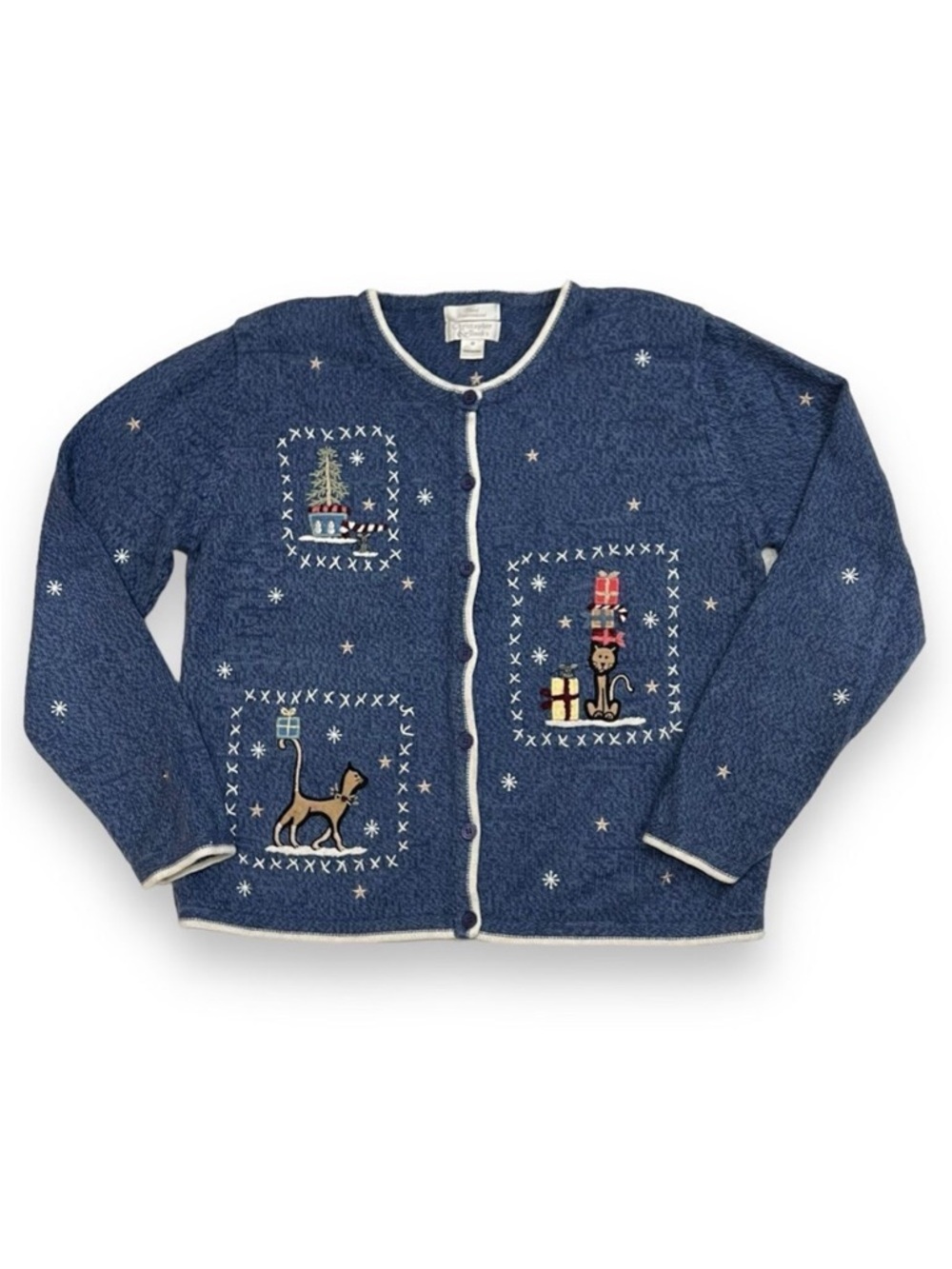 Croft & Barrow Christmas Cats Embroidered Cardigan Vintage Sweater Size Medium